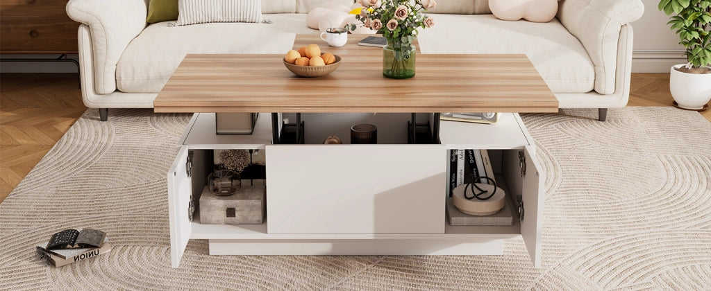 Tavolino da Salotto Sollevabile con Contenitore Nascosto Bianco e Legno