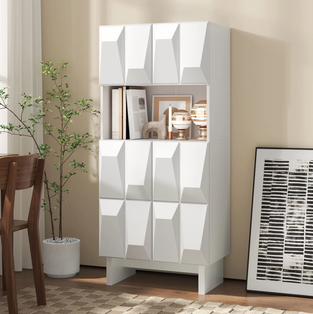 Vetrina alta in truciolare bianco 60;5 x 34 x 135;5 cm con vano aperto e 4 ante