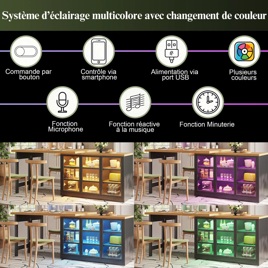 Tavolo da pranzo multifunzione con credenza laterale, isola cucina estraibile nera, design moderno, rotazione 360°, sistema luci smart