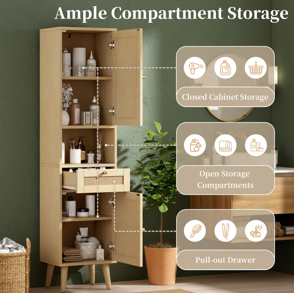 Colonna da bagno autoportante 166 cm con ante in rattan reversibili e cassetto, finitura legno naturale, 40×30×166 cm