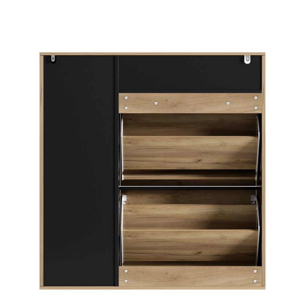 Scarpiera sottile con 2 ribalte e 1 anta, ripiani regolabili, design salvaspazio in legno e nero, 90x24x94 cm
