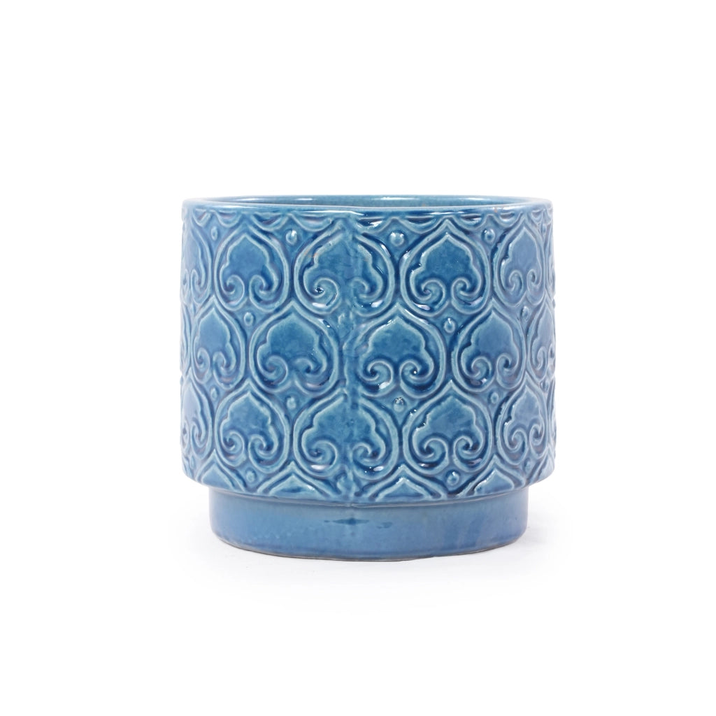 Vaso da Giardino in Ceramica Artigianale Ø38 cm Blu Lucido con Motivo a Cuore e Foro di Drenaggio, Resistente al Gelo