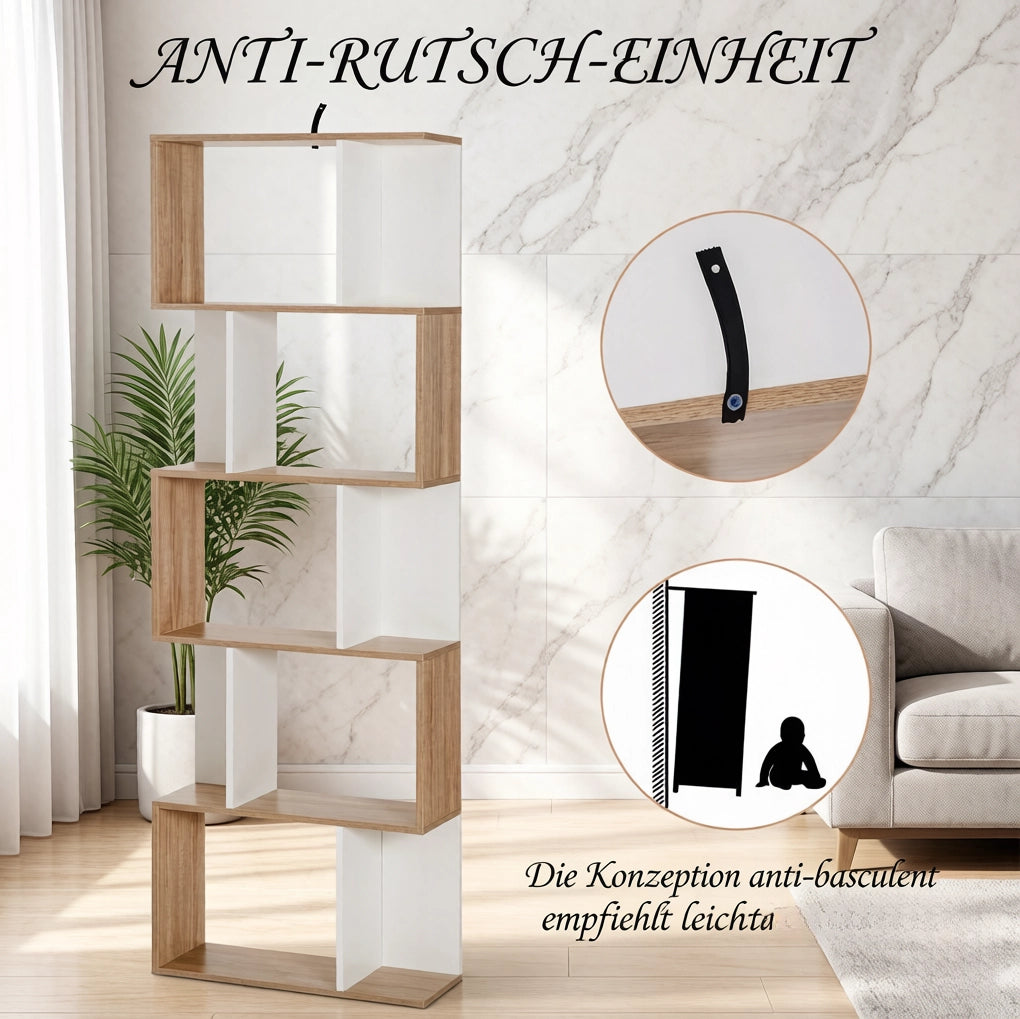 Libreria Moderna a Forma di S in Truciolato, 60x24x184,5 cm, Colore Rovere e Bianco