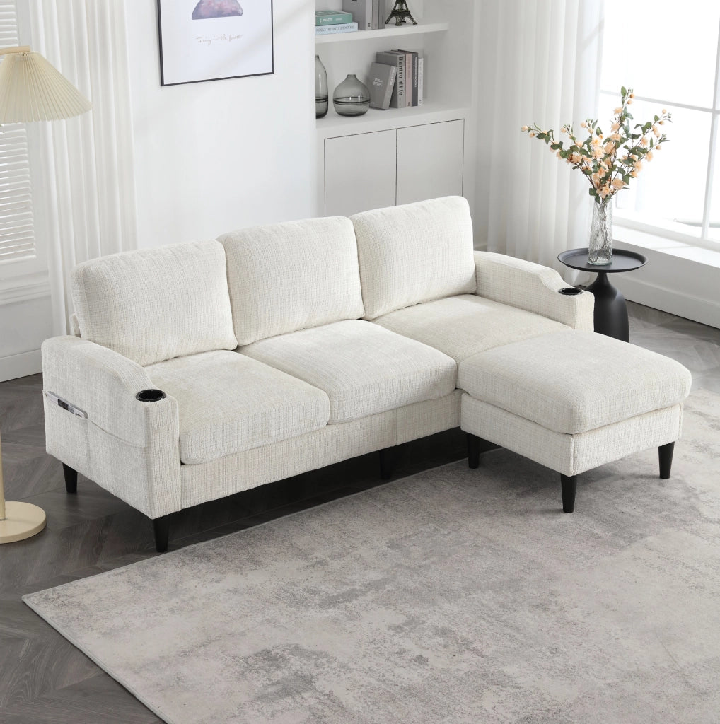 Divano 4 posti in ciniglia beige con pouf contenitore