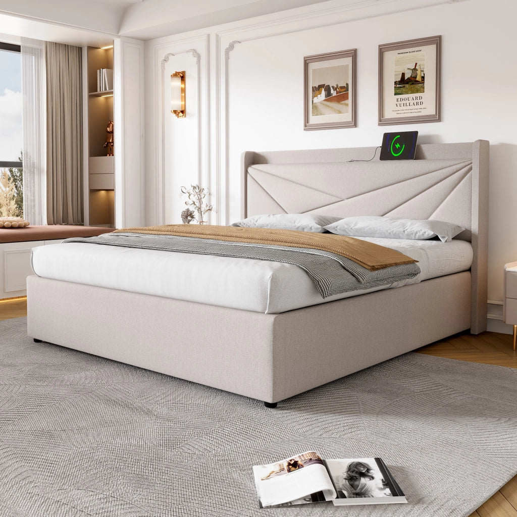 letto imbottito cotone lino beige 180x200 cm