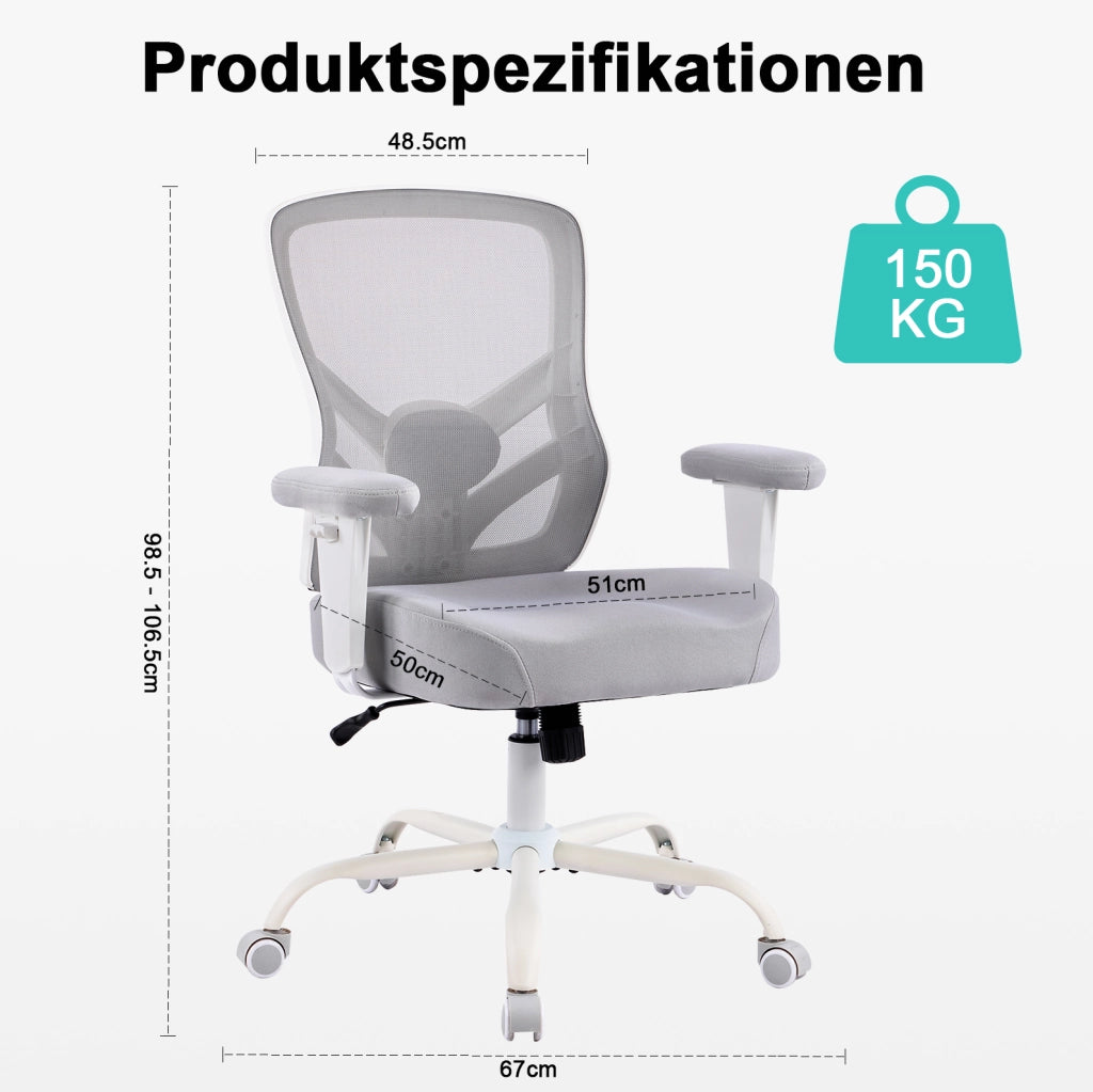 Sedia da ufficio ergonomica con supporto lombare regolabile; braccioli 2D; grigia