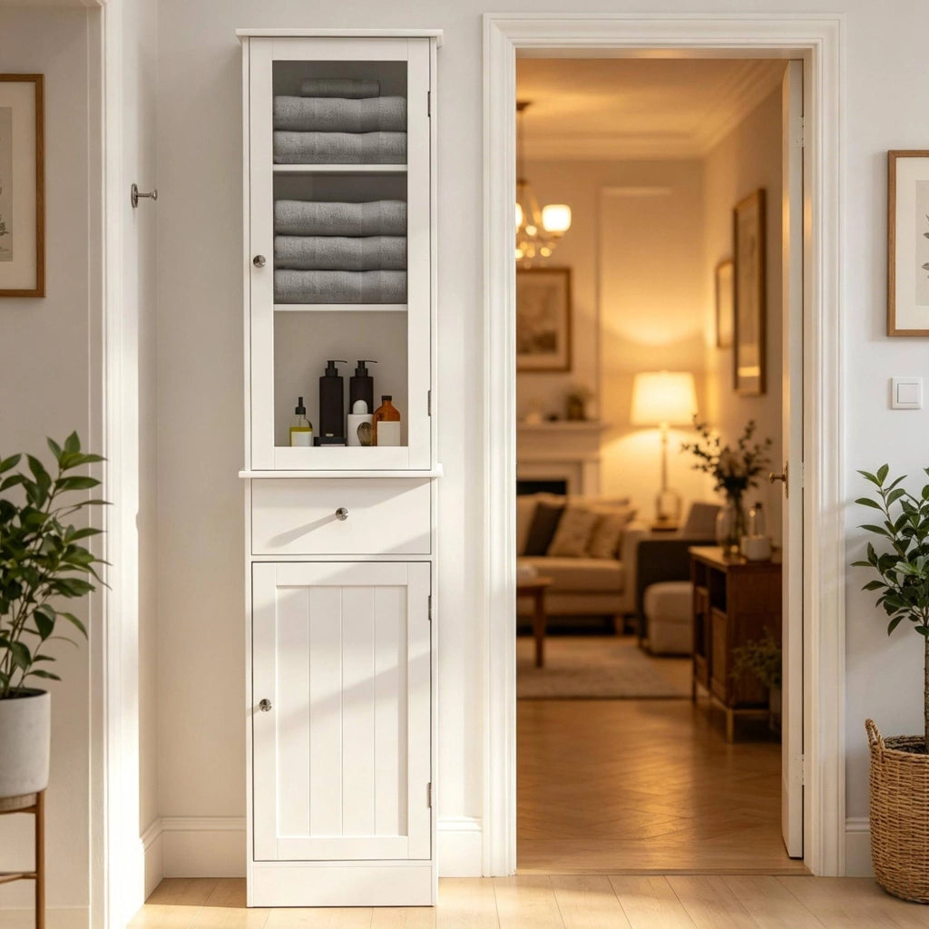 Mobiletto alto da bagno bianco in MDF con ante acriliche e cassetto