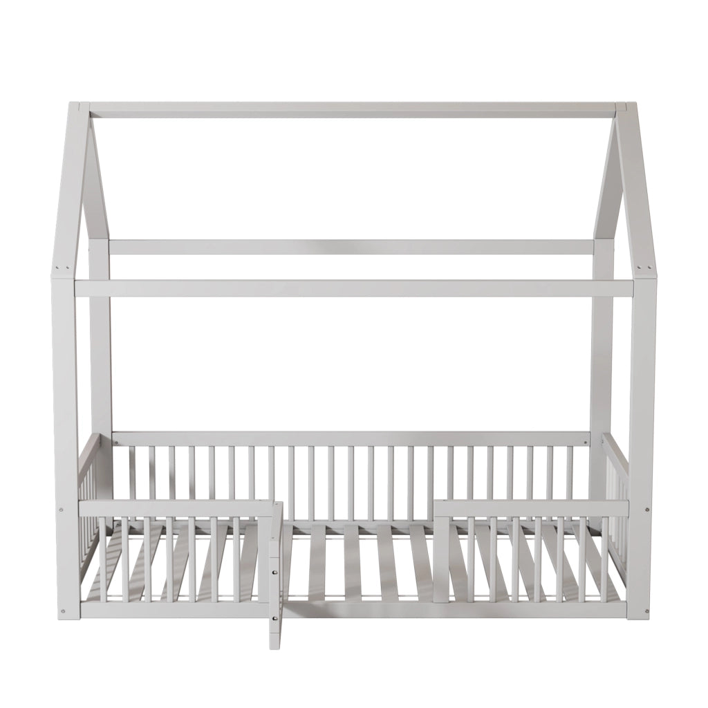 Letto casetta per bambini 90 × 200 cm con barriera e porta apribile; senza materasso; in pino e MDF; bianco