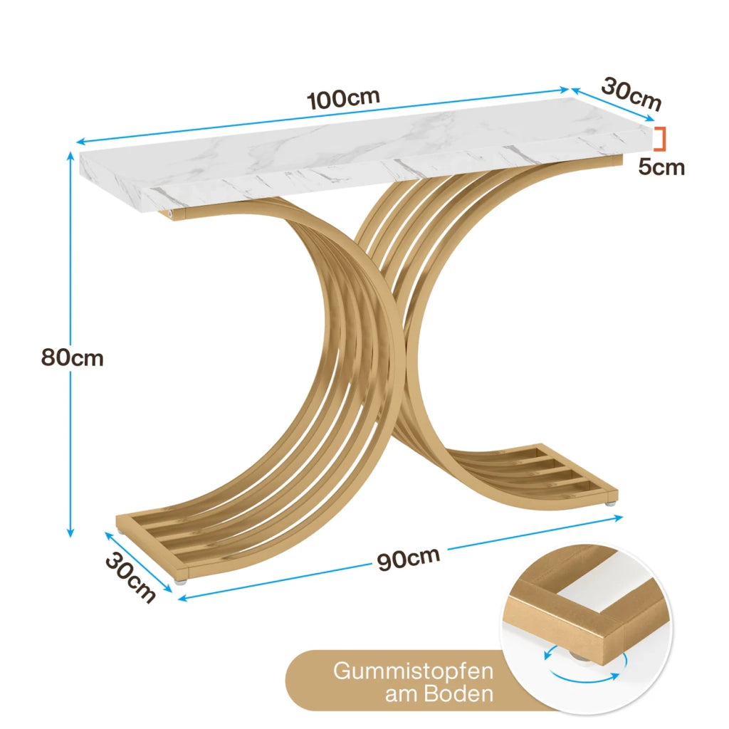 Consolle con piano rettangolare in marmo artificiale e struttura geometrica in metallo dorato per ingresso e soggiorno, 100 × 30 × 80 cm