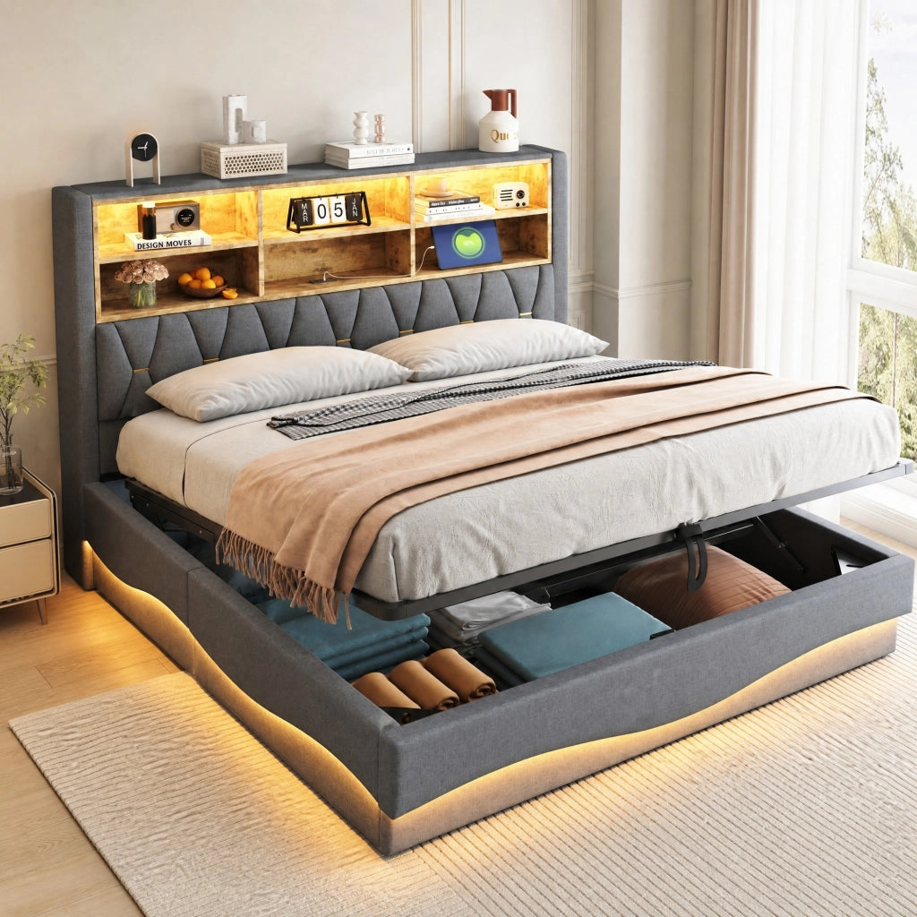 Letto contenitore 180 × 200 cm con sollevamento idraulico LED USB testiera imbottita in lino struttura in metallo grigio