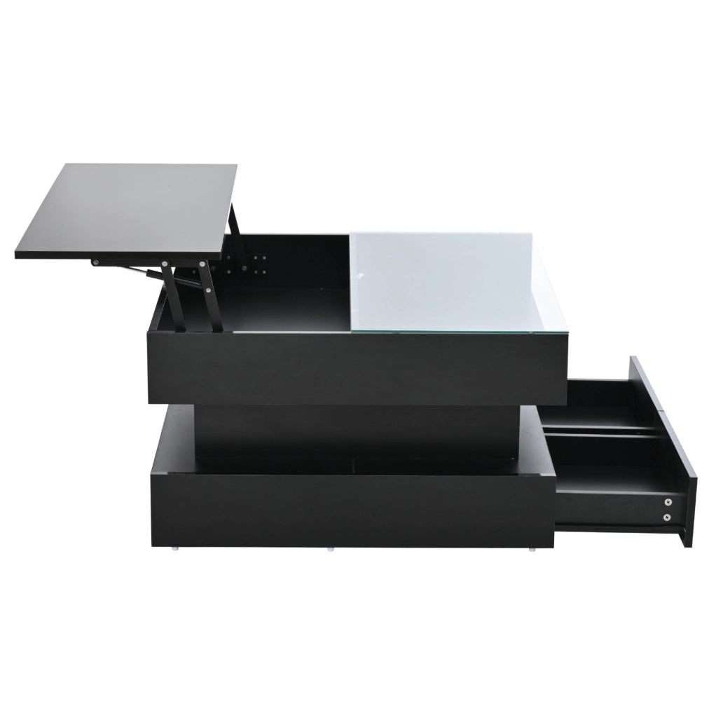 Tavolino da salotto 80x80x45 cm sollevabile con LED e 2 cassetti nero