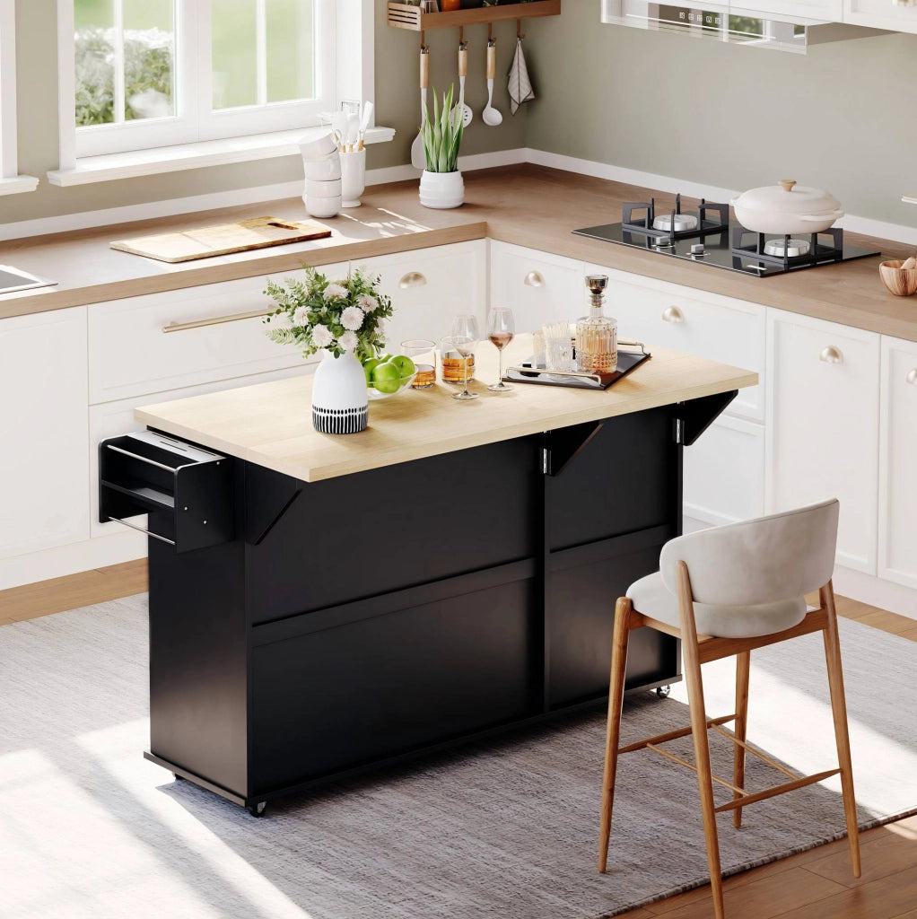 Isola da Cucina con Piano di Lavoro Ribaltabile, Carrello Mobile con 6 Ruote Blocabili, 2 Cassetti Grandi, Scaffale Porta Stoviglie e Armadietto, Nero, 137 x 89,5 x 45 cm