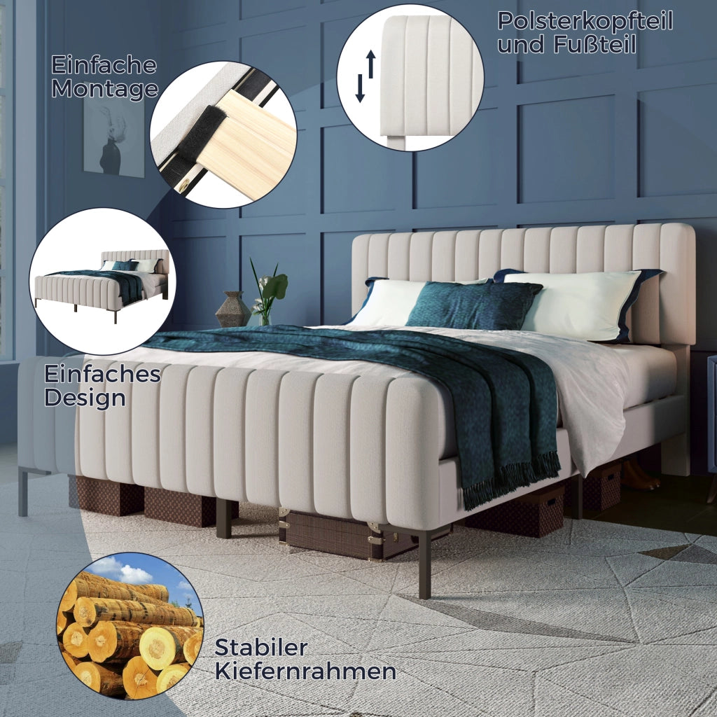 Letto imbottito 140x200 cm con testiera regolabile; struttura in lino grigio-beige
