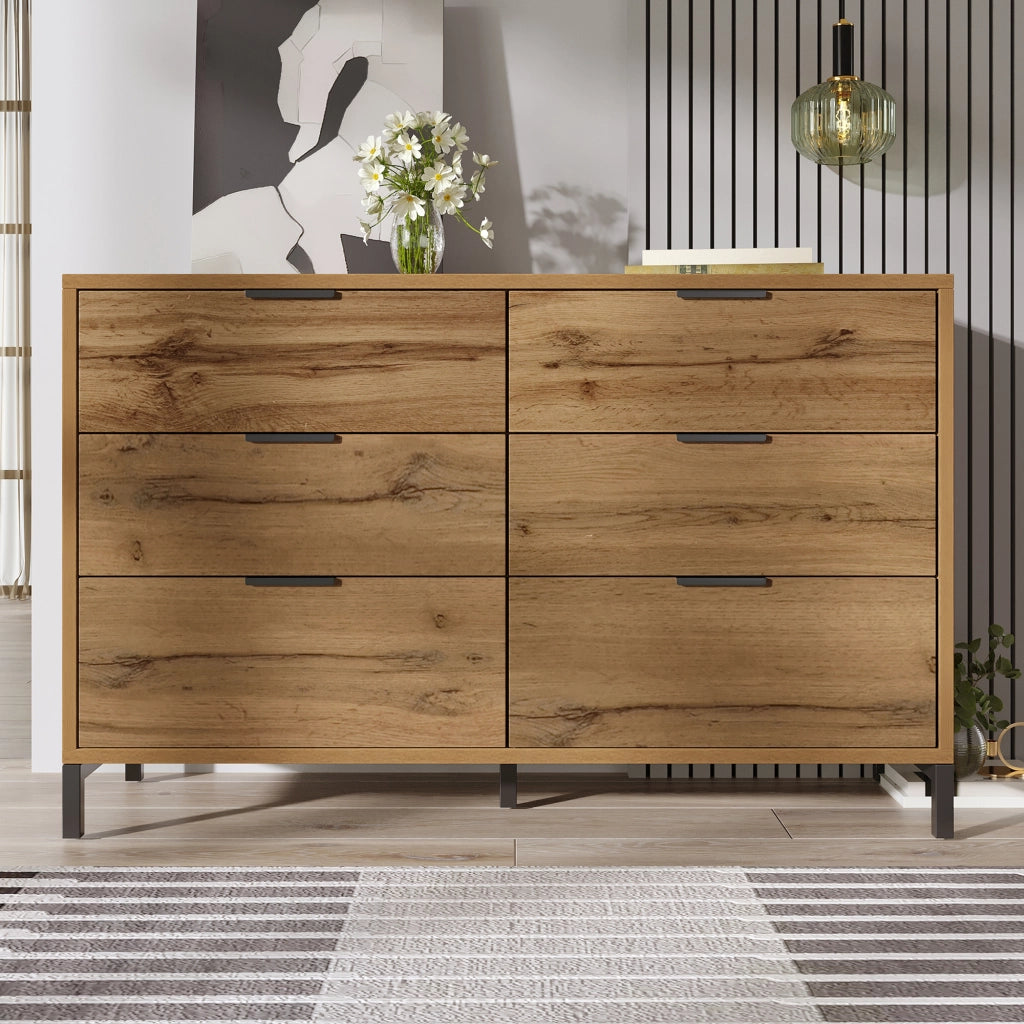 CASSETTIERA con 6 cassetti 120x40x76 cm Effetto rovere scuro e metallo