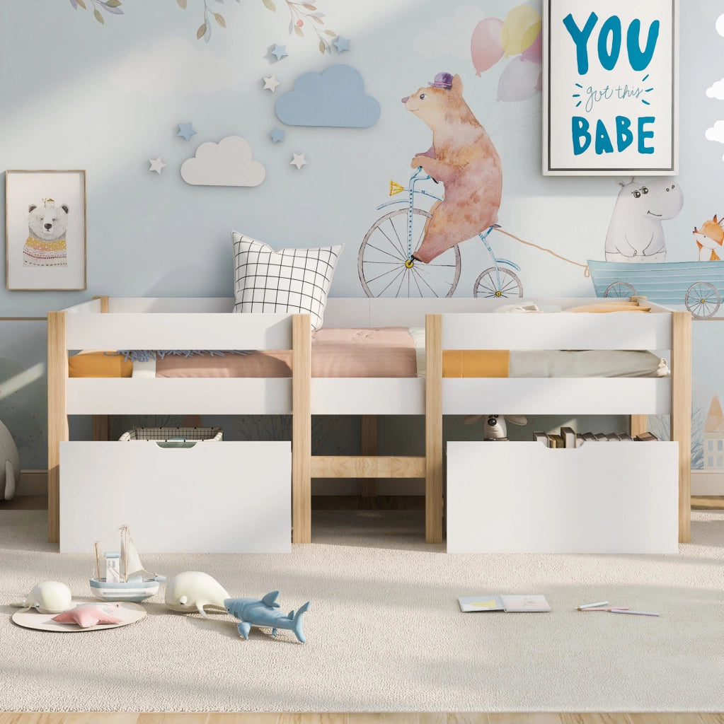 Letto semi-alto per bambini in pino massello; 90x190 cm; bianco; con scala e 2 cassetti