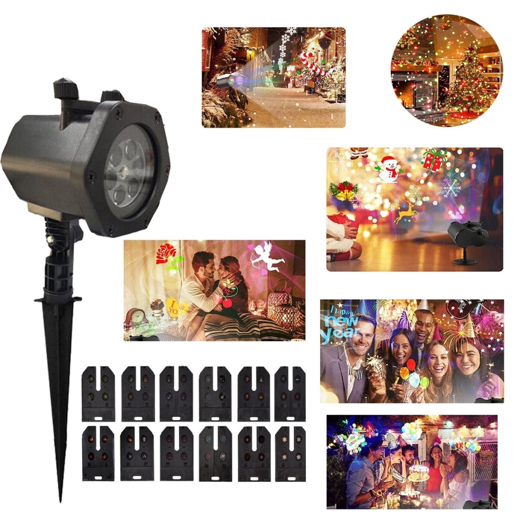 PROIETTORE LUCI ESTERNO PICCHETTO 12 CARD FANTASIA MULTICOLOR DECORAZIONE NATALE