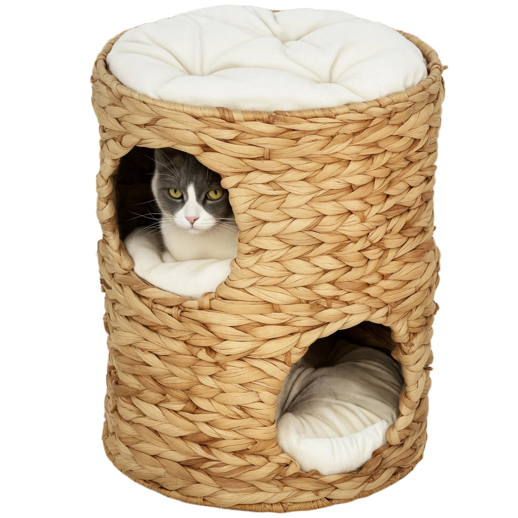 Tiragraffi a botte per gatti 50 cm in giacinto d'acqua marrone chiaro con 2 nicchie e cuscino cuccia robusto