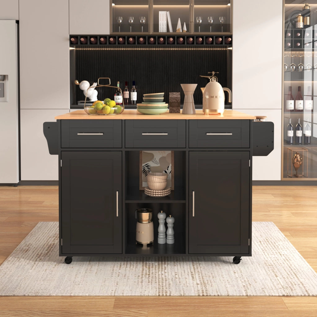 Carrello da cucina 139 x 46 x 91,5 cm nero effetto legno, piano ribaltabile, ruote