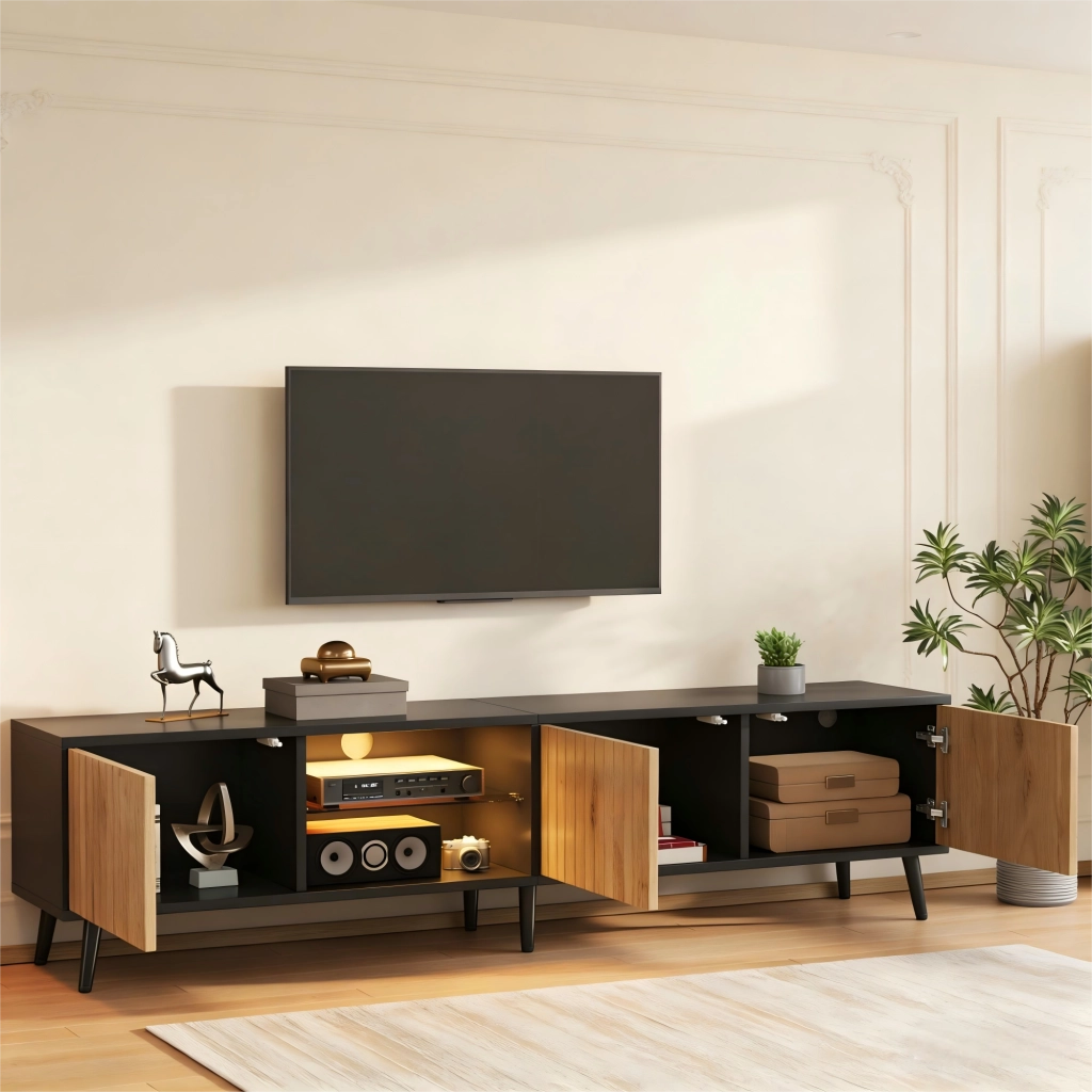 Mobile TV LED con 3 ante e ripiani in vetro regolabili per soggiorno, legno naturale e nero, 175 × 31 × 43.5 cm