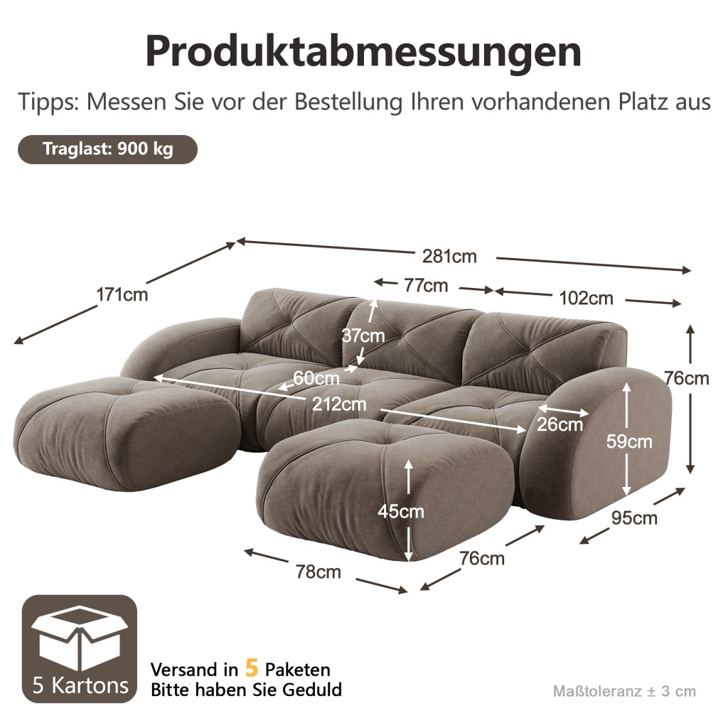 Divano modulare a U 3 posti con 2 pouf; struttura senza telaio; in chenille taupe; portata 200 kg per seduta