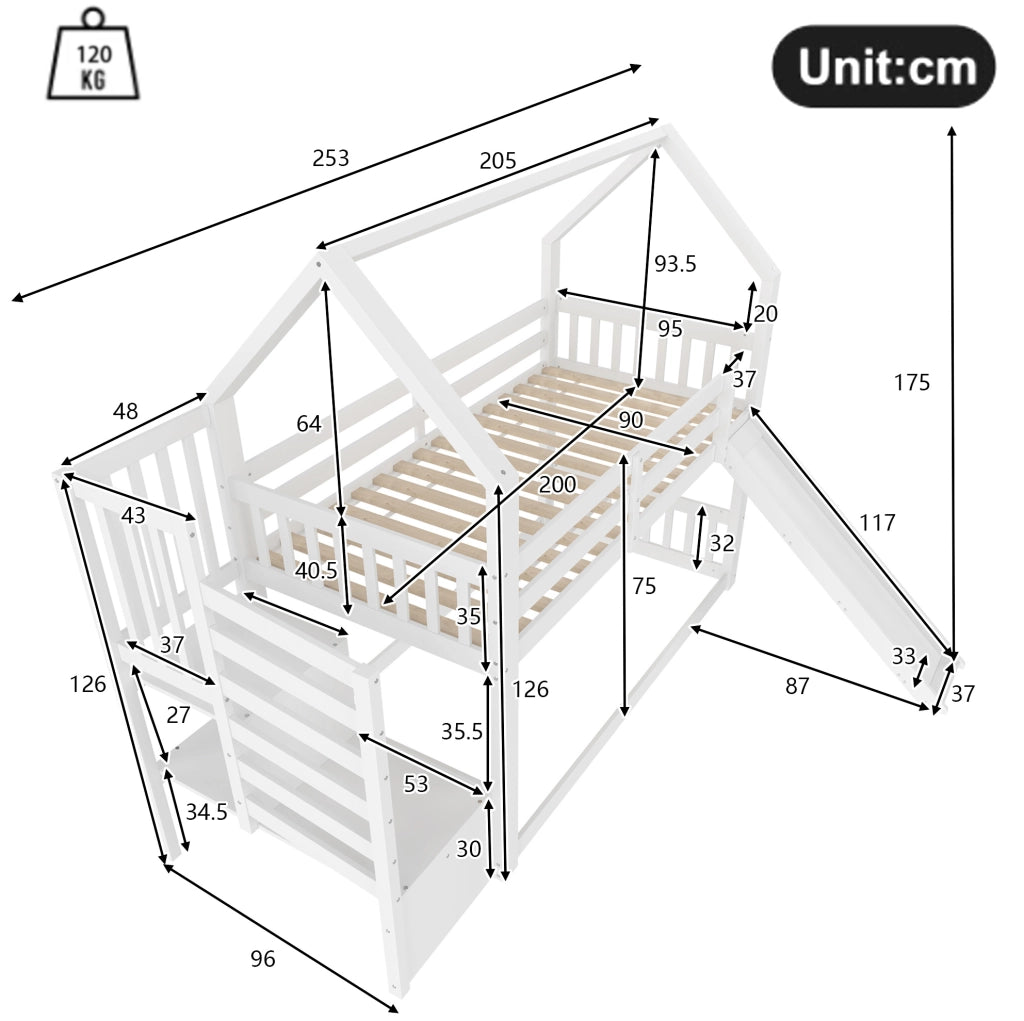 Letto a castello per bambini con scala contenitore; scivolo e sponde; 90x200 cm; pino e MDF; bianco
