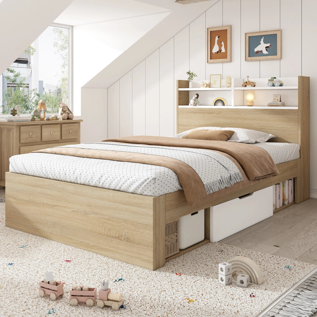 Letto 90x190 cm con ripiani testiera e 2 cassetti in legno bianco e rovere