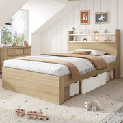 Letto 90x190 cm con ripiani testiera e 2 cassetti in legno bianco e rovere