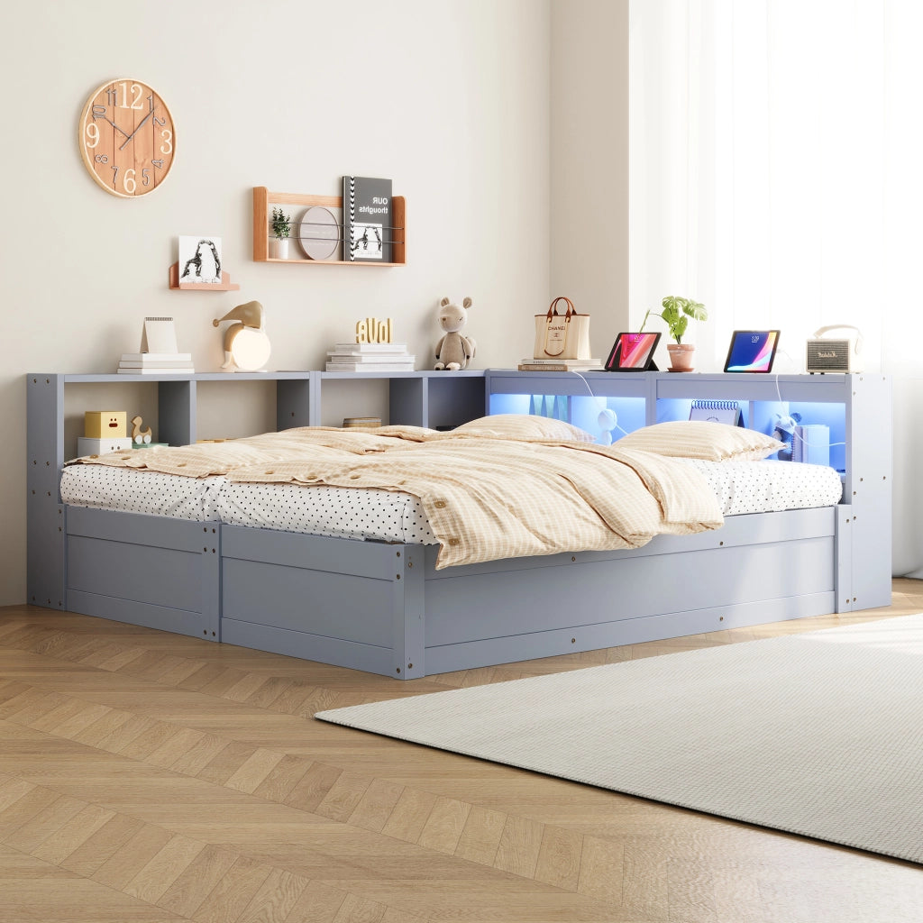 Letto matrimoniale 180×200 cm e 90×200 cm con presa; LED e contenitore; senza materasso; MDF; grigio