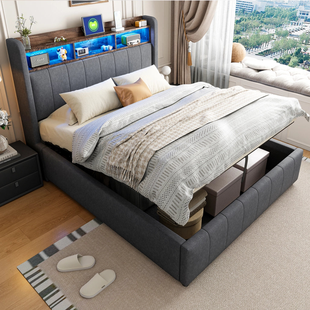 Letto imbottito 140 × 200 cm con contenitore idraulico LED USB e Type-C testiera con ripiani in tessuto di lino grigio