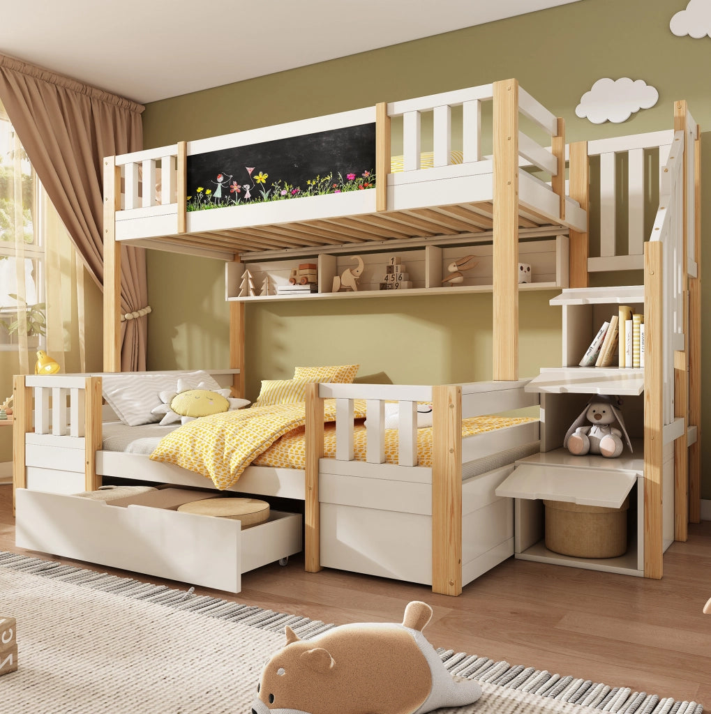 Letto a castello per 3 bambini con lavagna, scala contenitore e cassetti