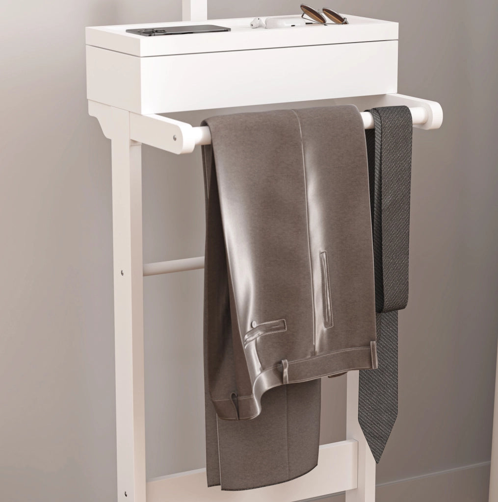 Appendiabiti portatile bianco in MDF con barra in legno massello e organizer con cassetto