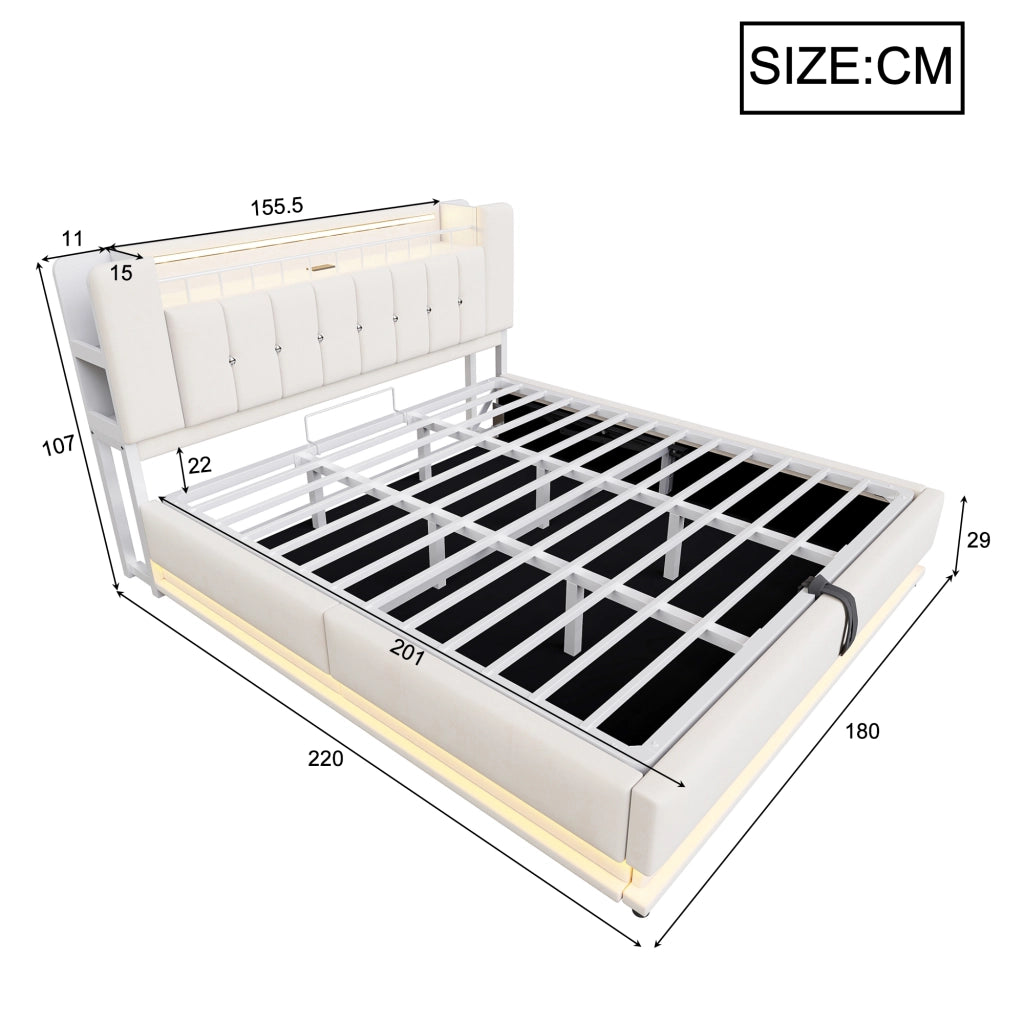 OKWISH Letto Contenitore 180×200 cm, Letto Matrimoniale con LED, USB, Tipo C e Vano Contenitore, senza Materasso, Beige