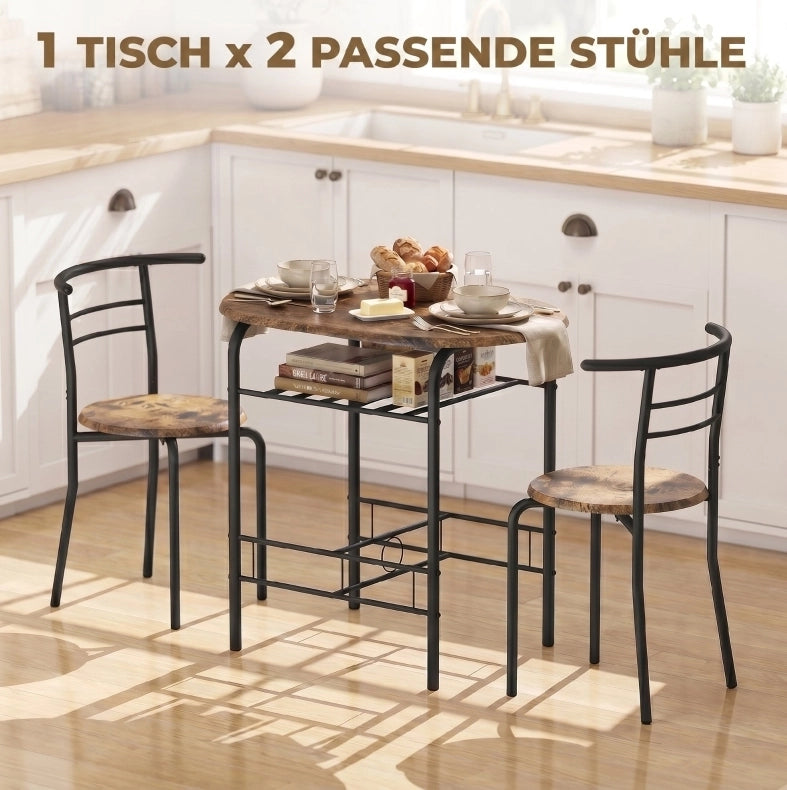 Set tavolo da cucina con 2 sedie e ripiano, marrone rustico