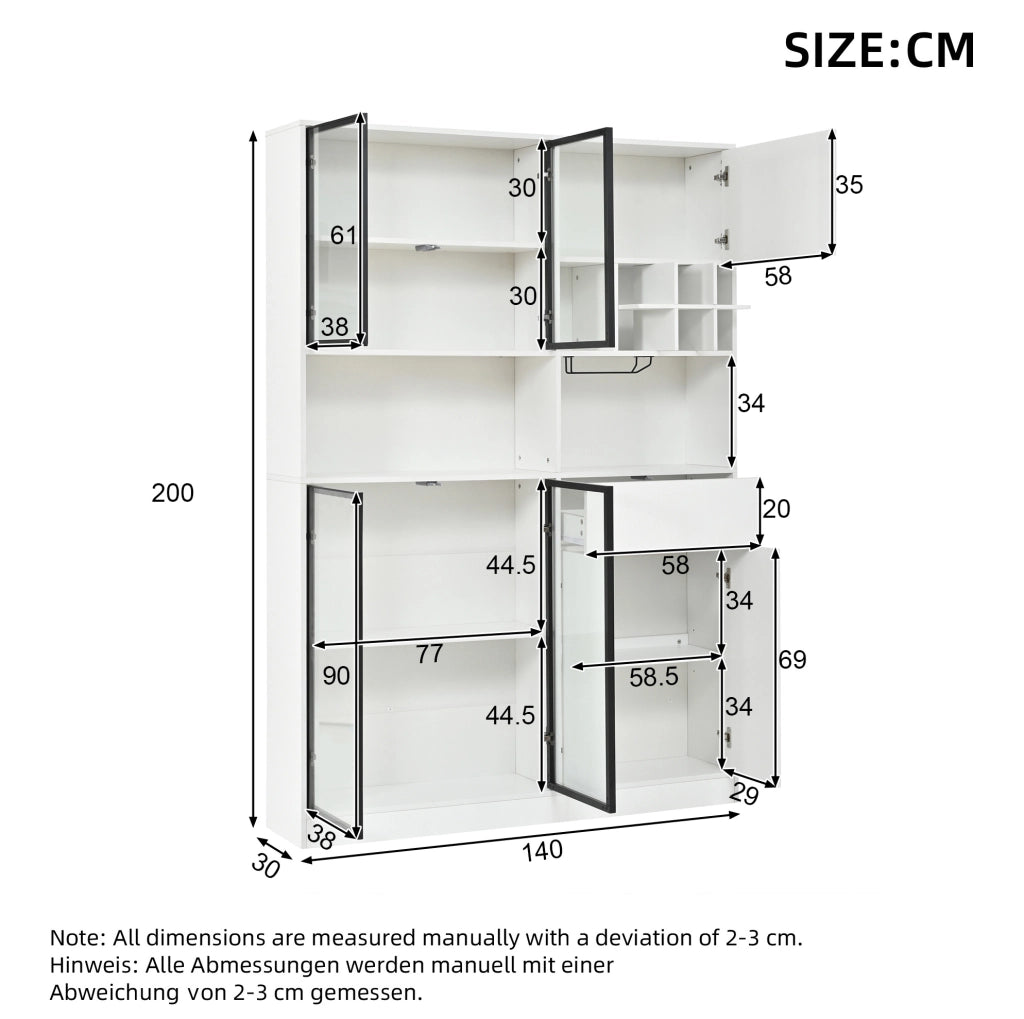 Vetrina ULEVR 140x30x200 cm con 7 ante, LED Bluetooth, portabicchieri e ripiani regolabili, bianca
