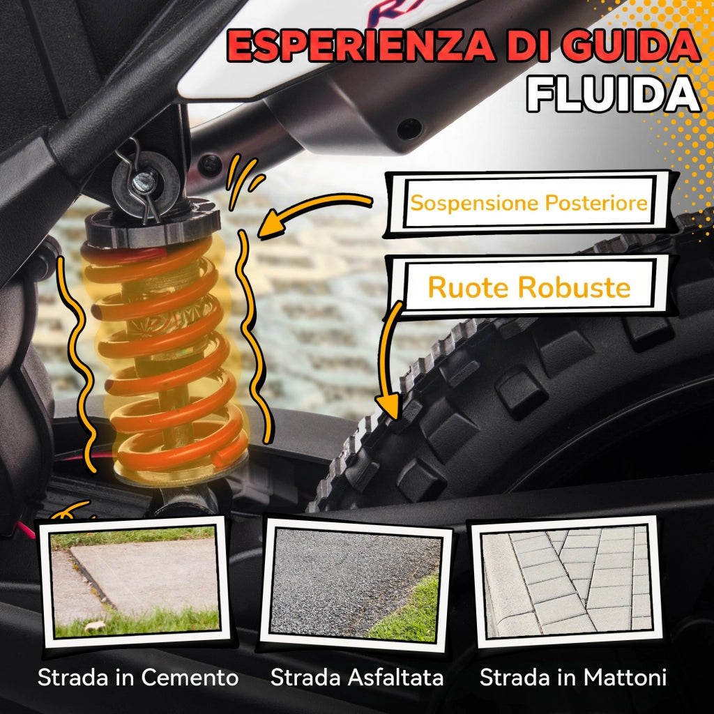 Moto Elettrica per Bambini 3+ Anni con 12V Doppi Motori e Rotelle Rimovibili Capacità 30kg Bianco