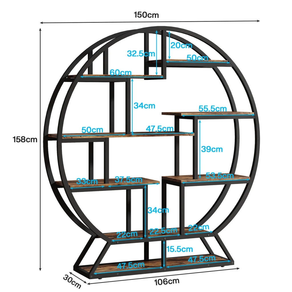 Scaffalatura per piante a 8 ripiani rotonda in metallo e pannelli truciolari nero marrone 150 × 30 × 158 cm