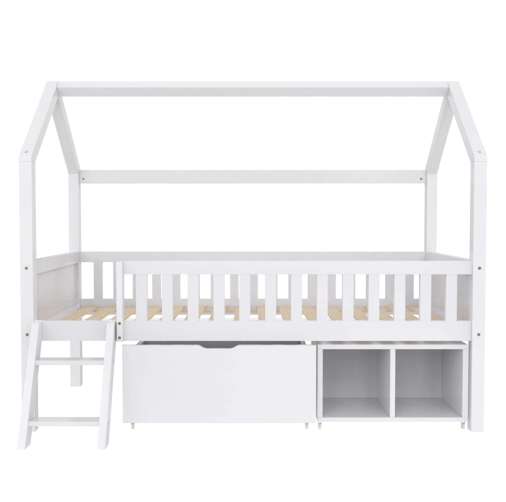 Letto a soppalco per bambini 200x90 cm con cassetti e ripiani, barriera anti-caduta, bianco, in legno di pino