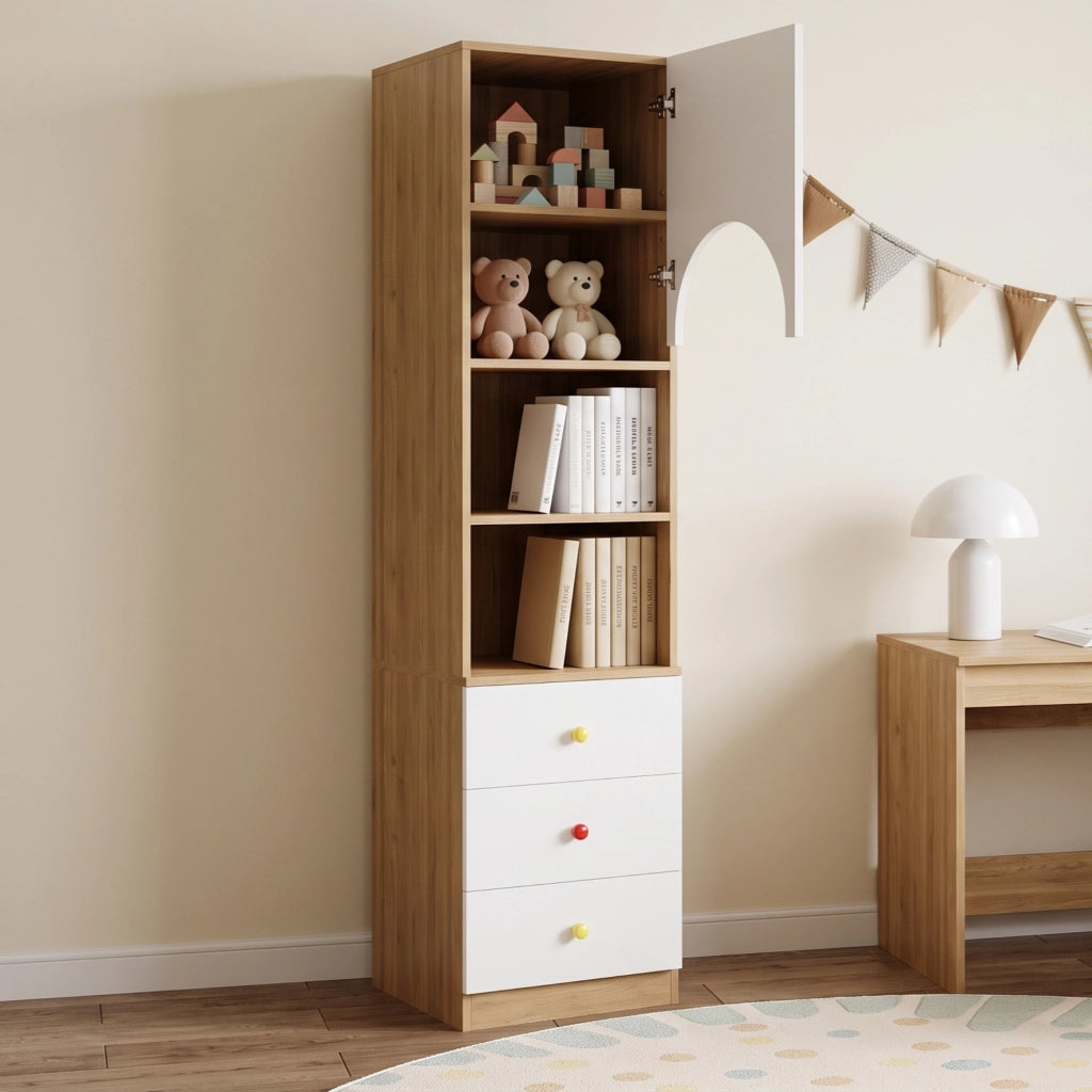 Libreria per cameretta con anta ad arco antipolvere, 3 cassetti e 3 ripiani, MDF bianco e legno, 50 × 50 × 200 cm