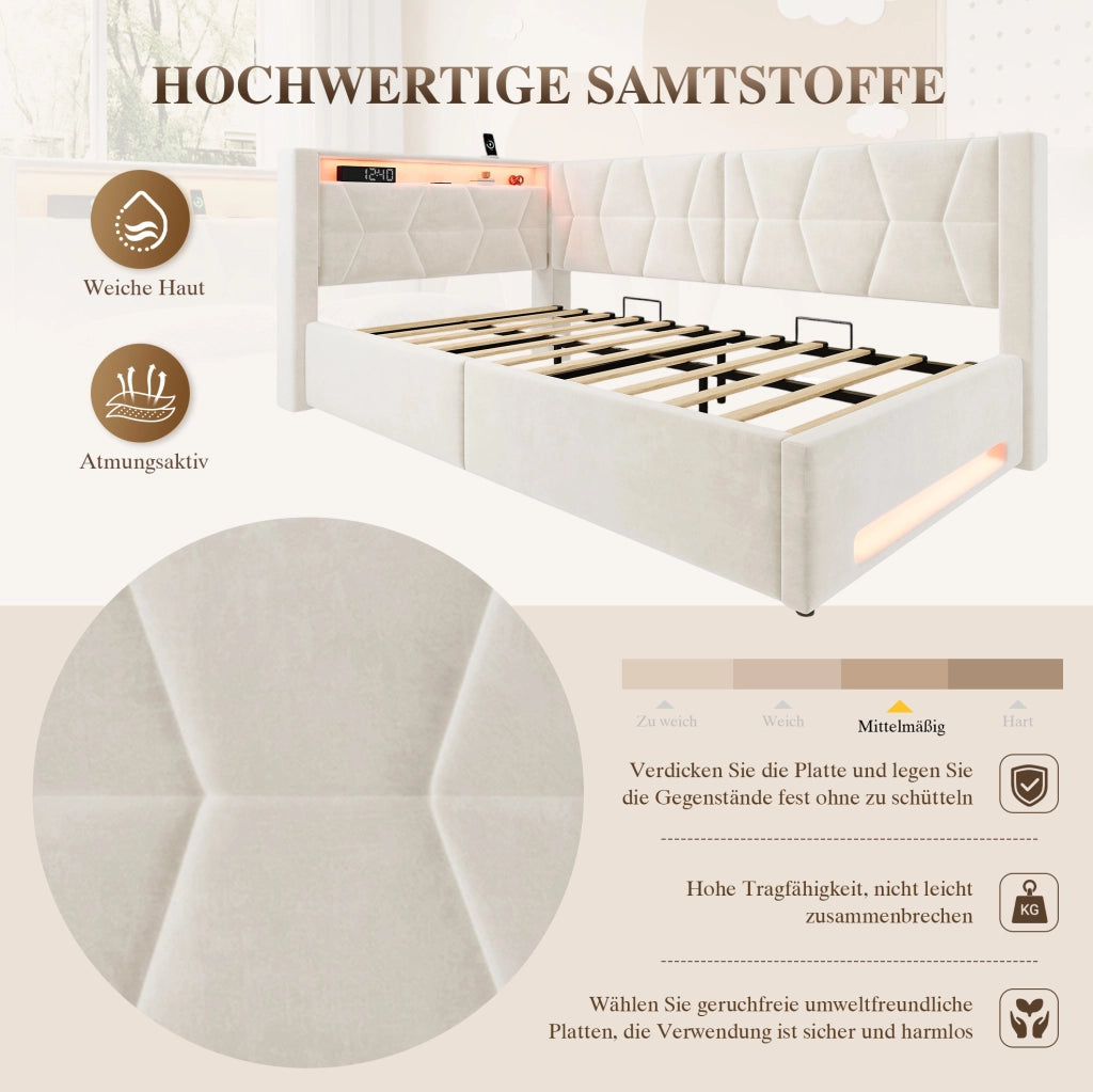 Letto imbottito beige 90 x 200 cm con contenitore, LED, USB e Type-C