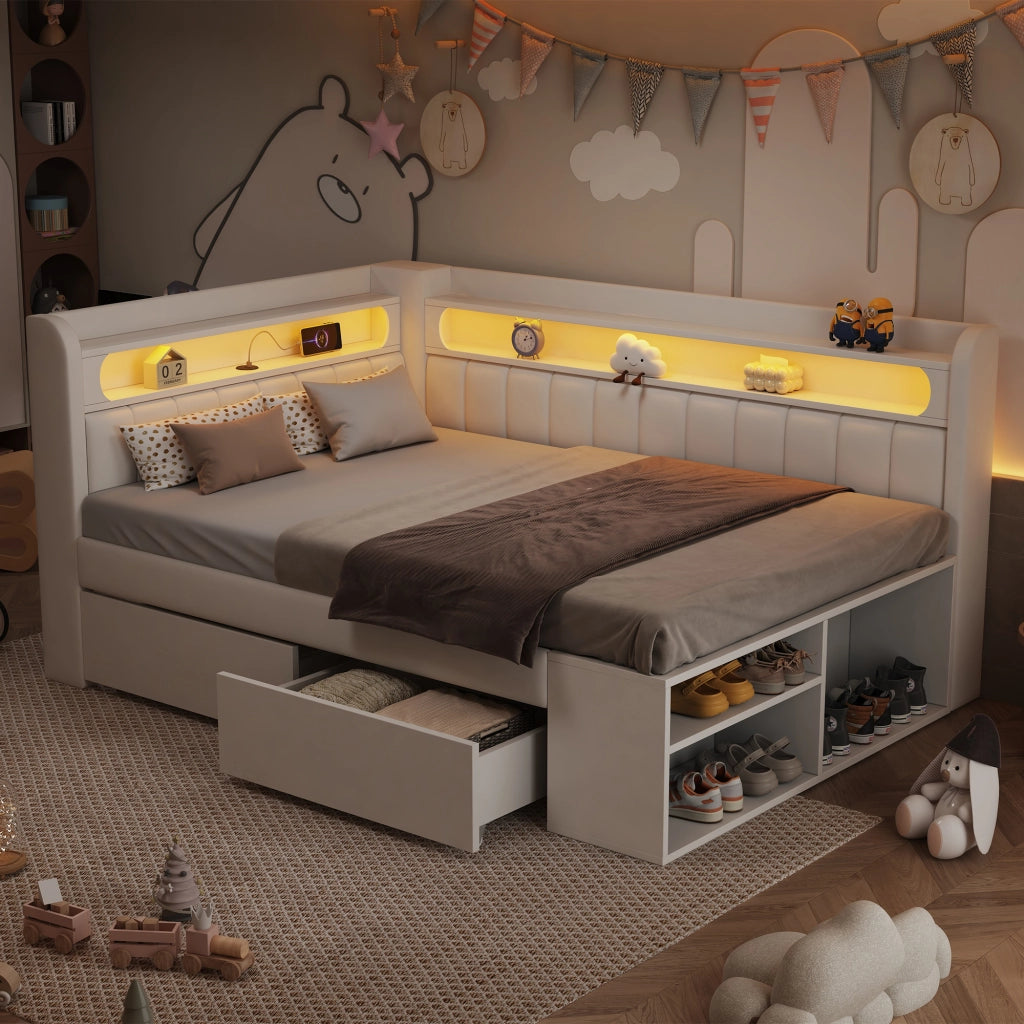 Divano letto imbottito 90x200 cm con LED; USB; due cassetti e scarpiera; bianco