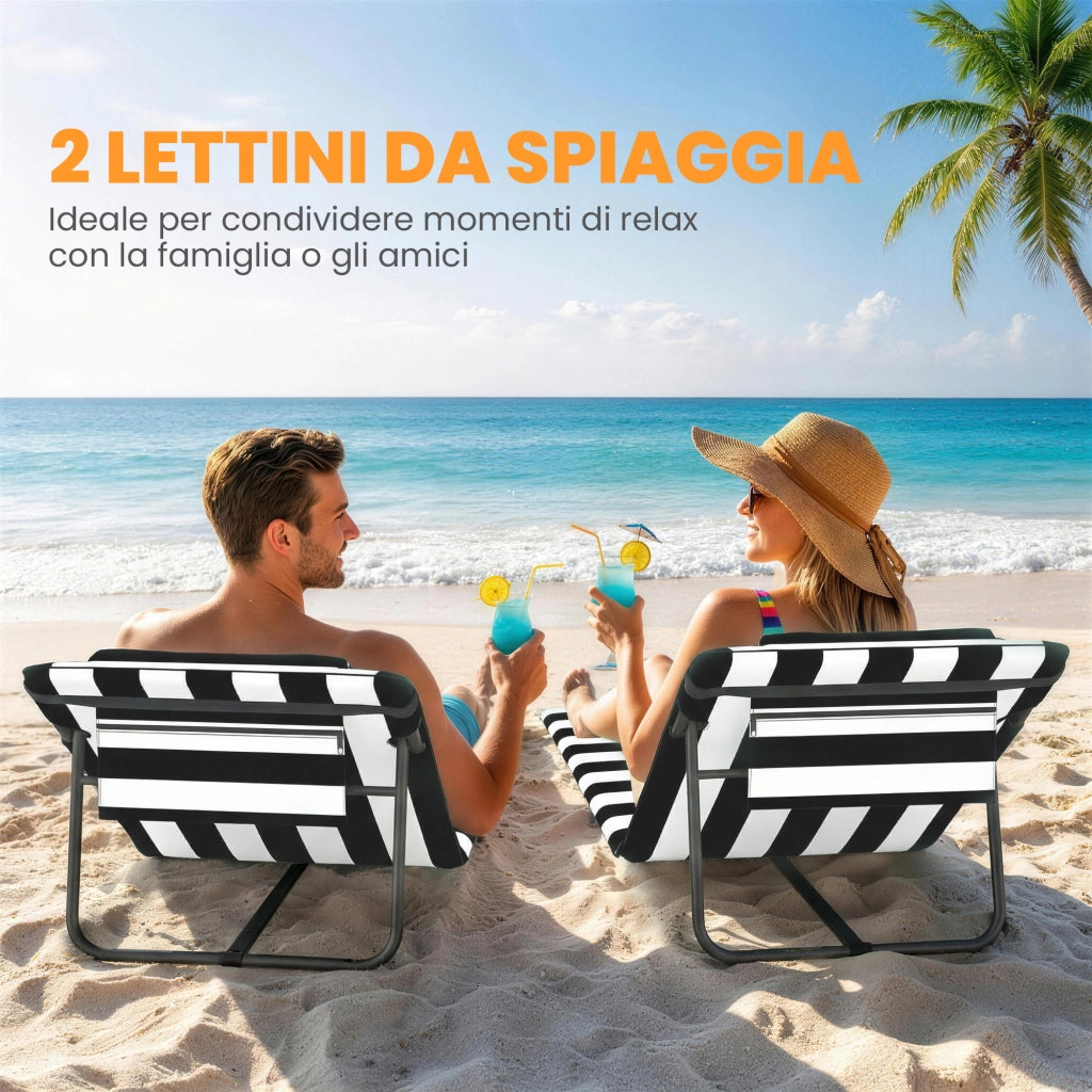 Set 2 Sdraio da Spiaggia 146x50x2 cm con Poggiatesta Imbottito in Metallo e Tessuto Oxford Grigio e Bianco