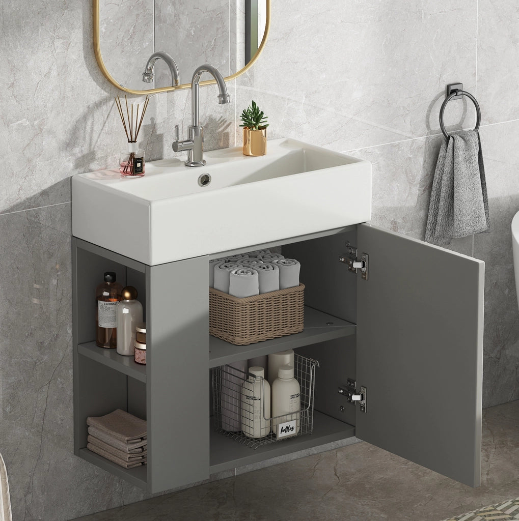 Mobile bagno compatto con lavabo in ceramica grigio e bianco