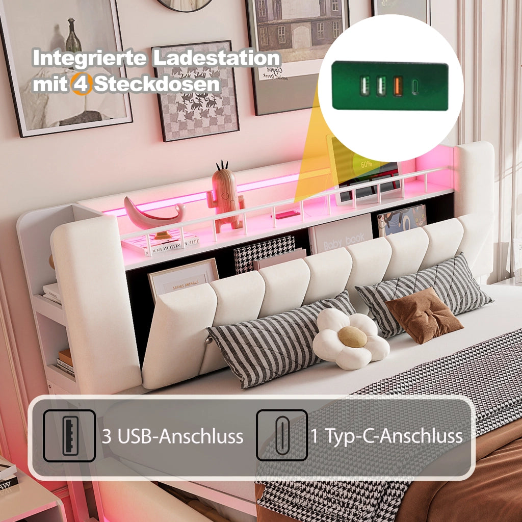 Letto imbottito 160 ¡Á 200 cm con LED USB contenitore idraulico in velluto beige rete a doghe in metallo