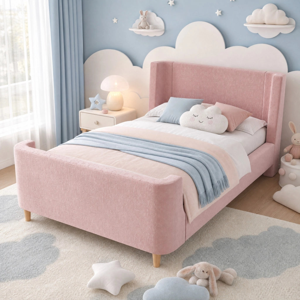 Letto singolo 90 × 200 cm con testiera imbottita e motivo spaziale rivestito in velluto rosa con rete a doghe