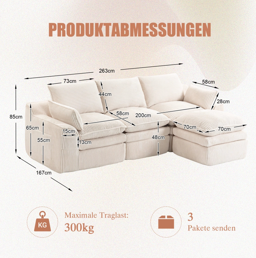 Divano modulare 263x167x85 cm in velluto a coste beige, 3 posti