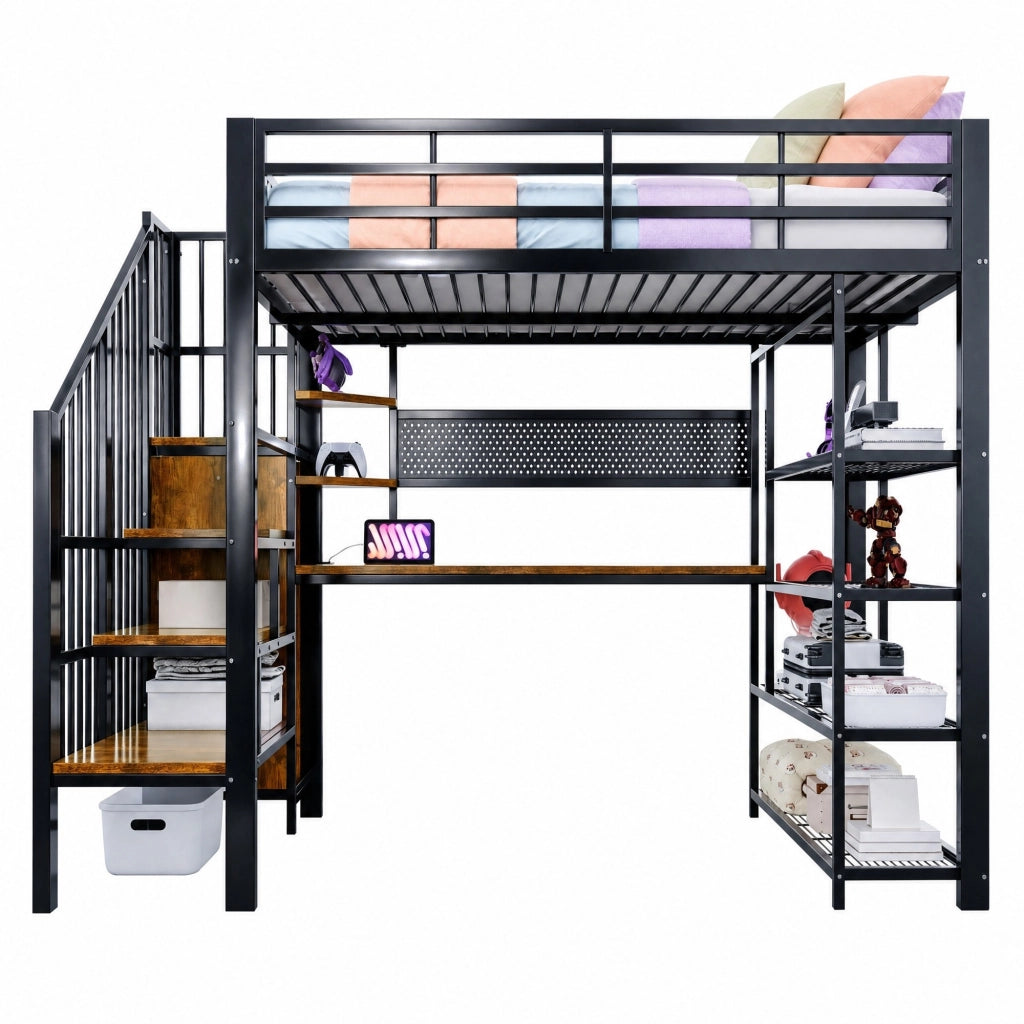 Letto a soppalco 140 × 200 cm con scrivania; scala con vani; LED; presa europea e scaffale in metallo nero