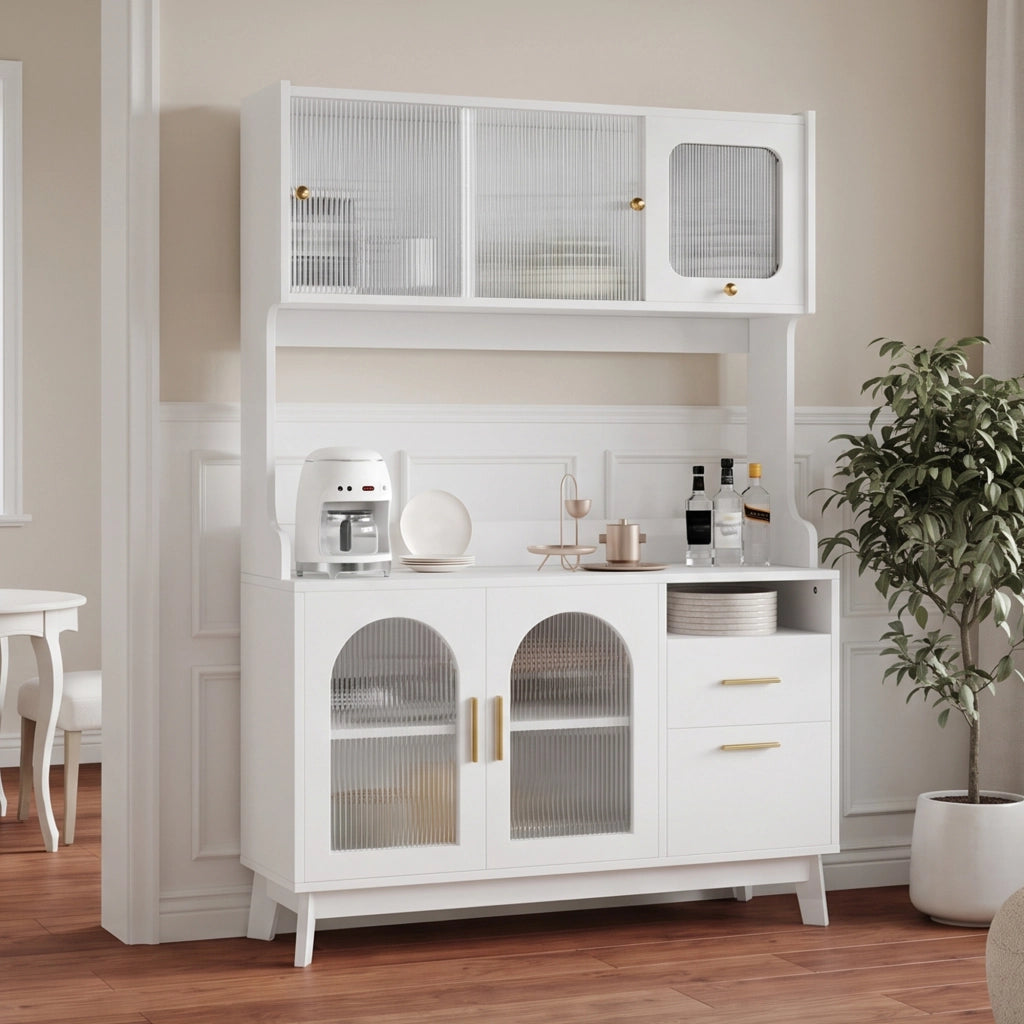 Credenza alta da pranzo con prese integrate e vetro acrilico ondulato; in truciolare bianco 120 × 40 × 178 cm