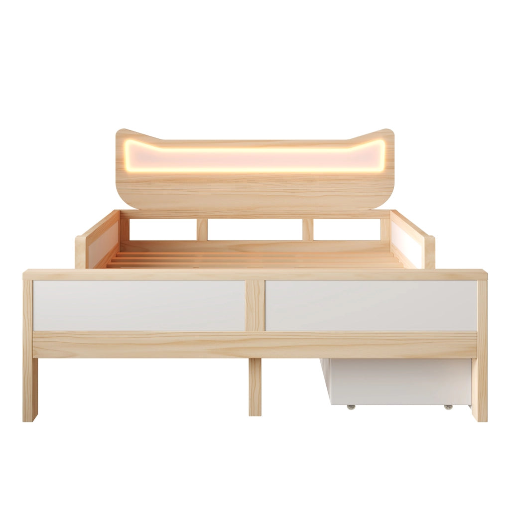 Letto 140x200 con LED RGB e Testiera a Forma di Gatto; Struttura in Legno Bianco e Rovere con Cassetti Reversibili