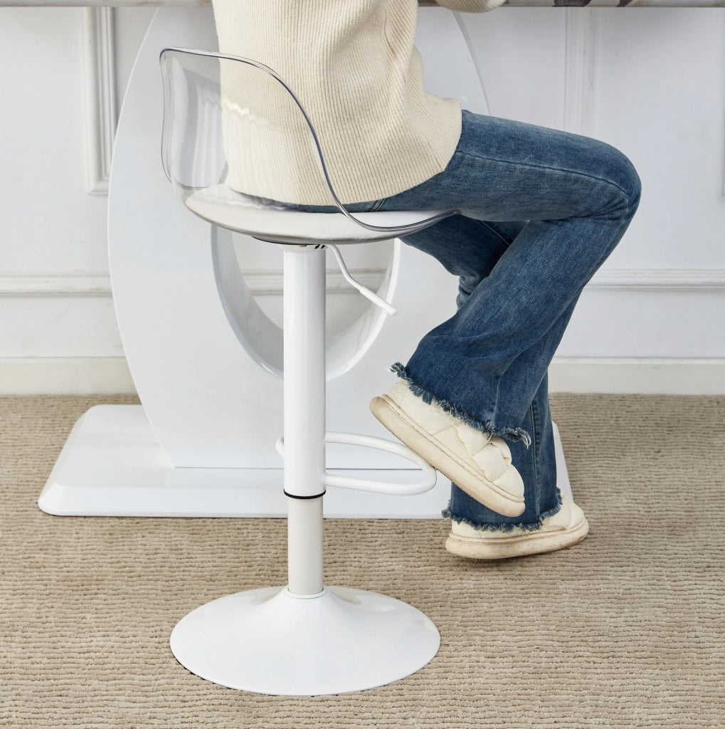 Set da 2 sgabelli da bar regolabili con schienale trasparente e gambe in metallo bianco, altezza 82-104 cm, girevoli a 360°