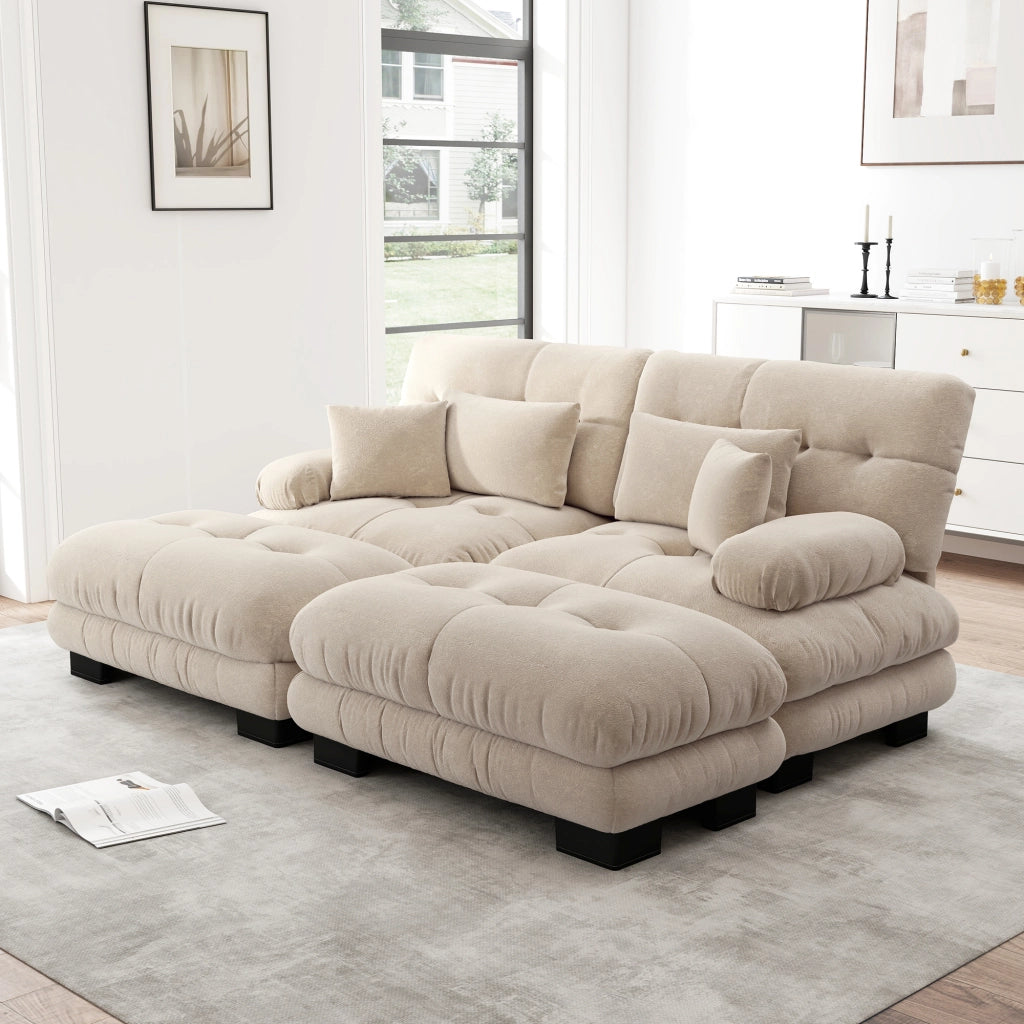 Divano Angolare Chenille con Ottomans e Cuscini ¨C MINIMAL ¨C Tortora Chiaro